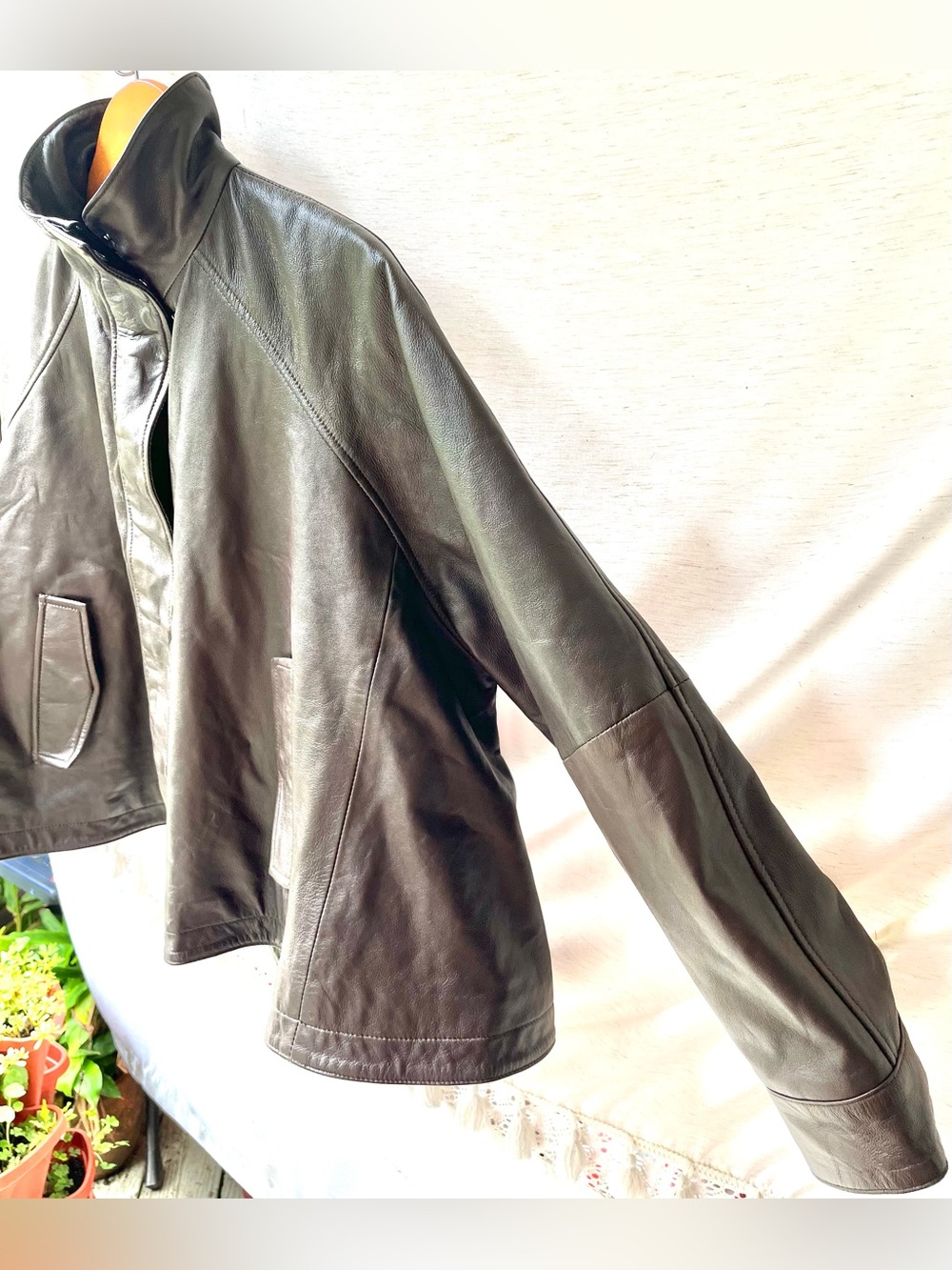 Zara 100% Leather Bomber Jacket High Neck Long Sleeves Cuffs Brown Medium NEW - Picture 9 of 16